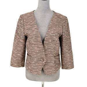DKNY Jacket Womens 10 Pink Metallic Woven Lined Blazer Pockets Collarless Career